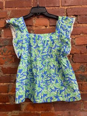 THML Blue & Green Leaf Print Flutter Sleeve Top White Pom Trim Size Medium
